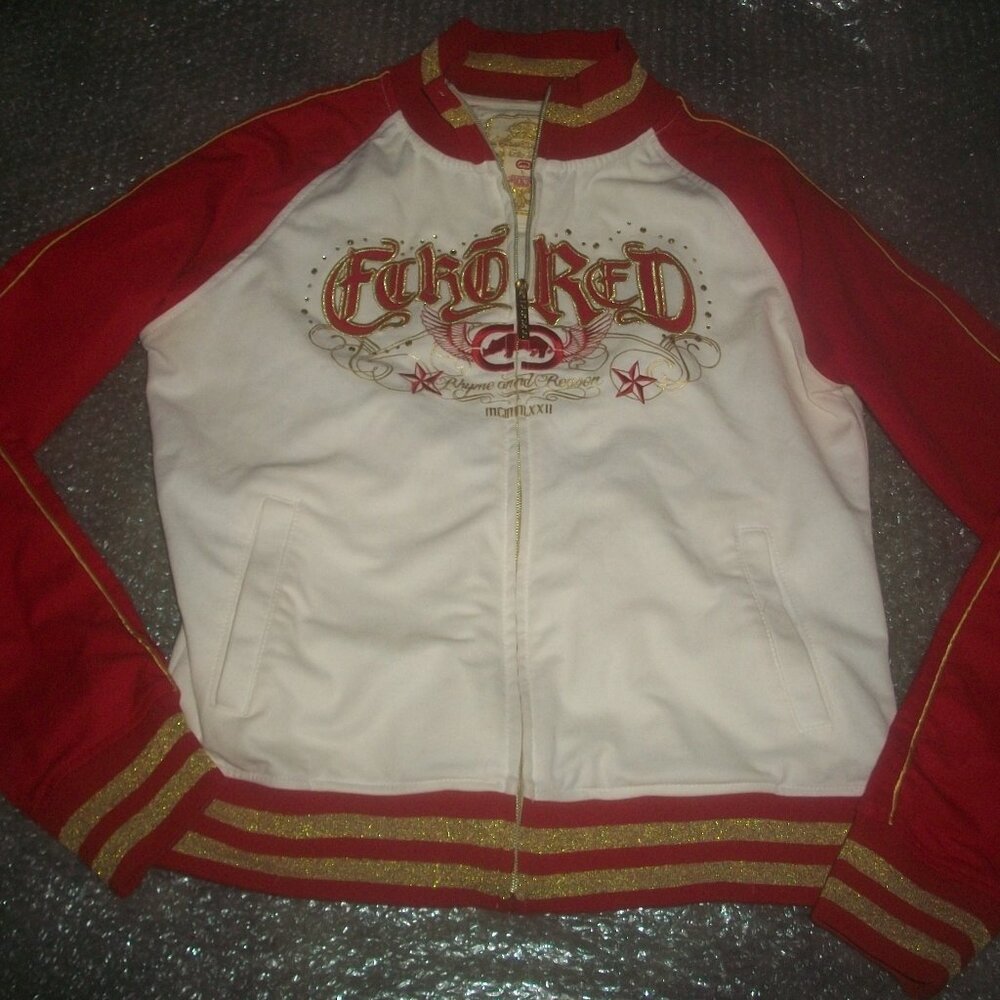 womens sexy zip up jacket.ECKO RED.Gold glitter bling.Size jr.large